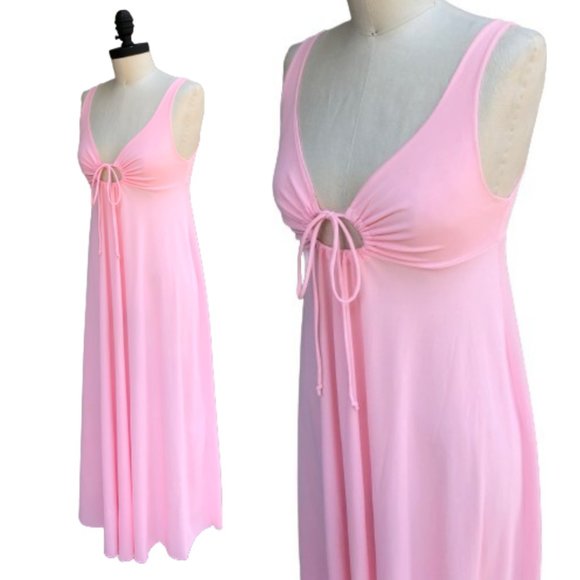 Vintage 70s Key Hole Tie Front Empire Waist Barbiecore Pink Maxi Nightgown Dress - Picture 4 of 15